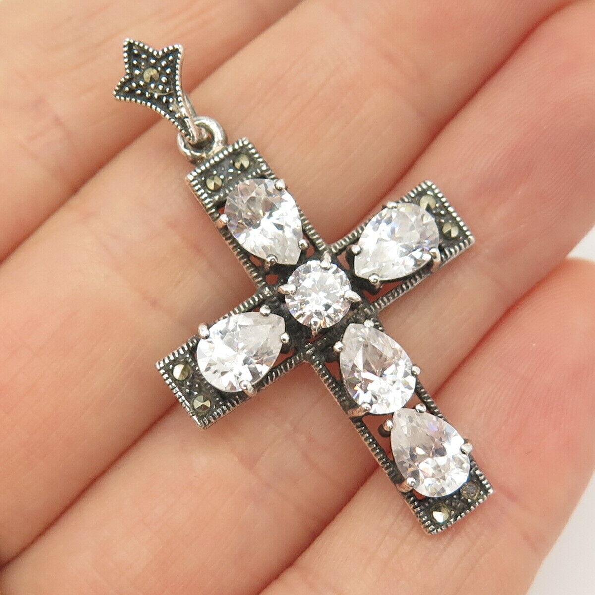 925 Sterling Silver Real Marcasite Gemstone & C Z Cross Pendant