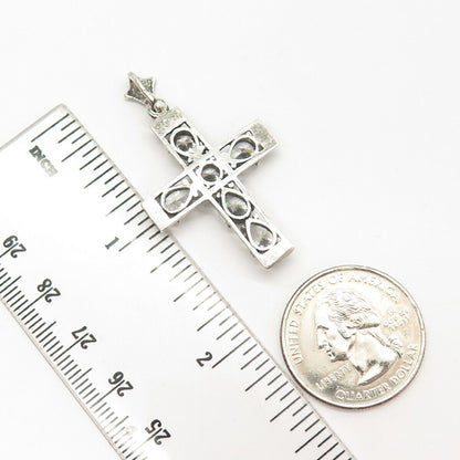 925 Sterling Silver Real Marcasite Gemstone & C Z Cross Pendant