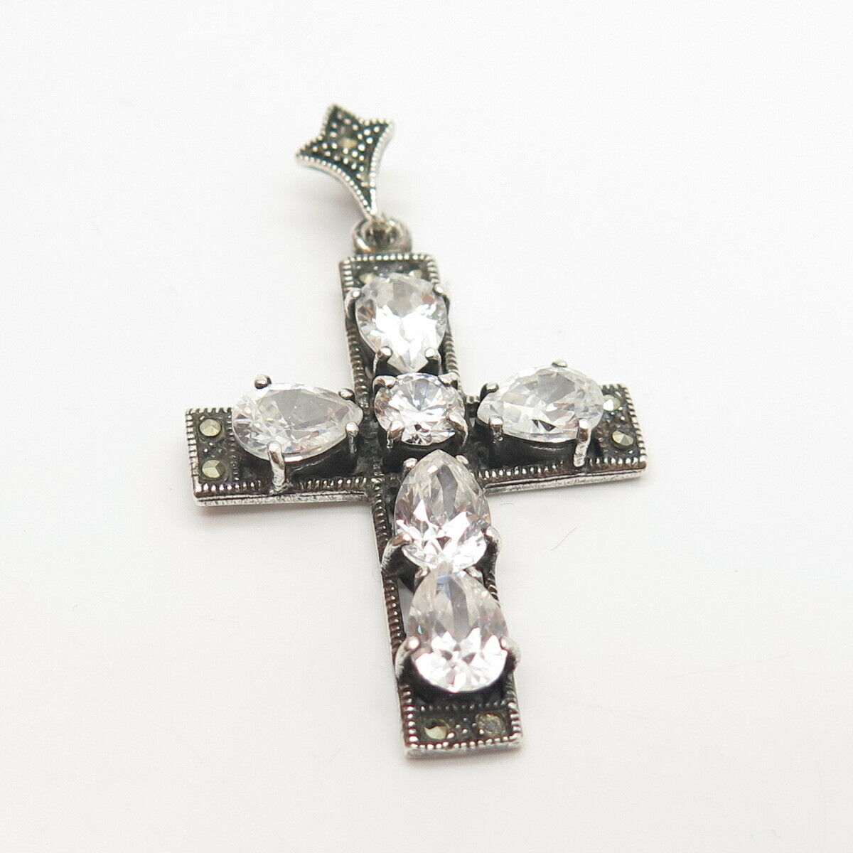 925 Sterling Silver Real Marcasite Gemstone & C Z Cross Pendant