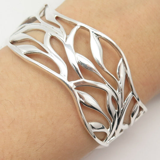 925 Sterling Silver Vintage Leaves Design Wide Cuff Bracelet 6 3/4"