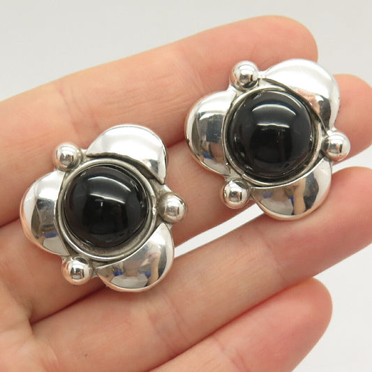 925 Sterling Silver Vintage Mexico Modernist Black Onyx Gem Clip On Earrings