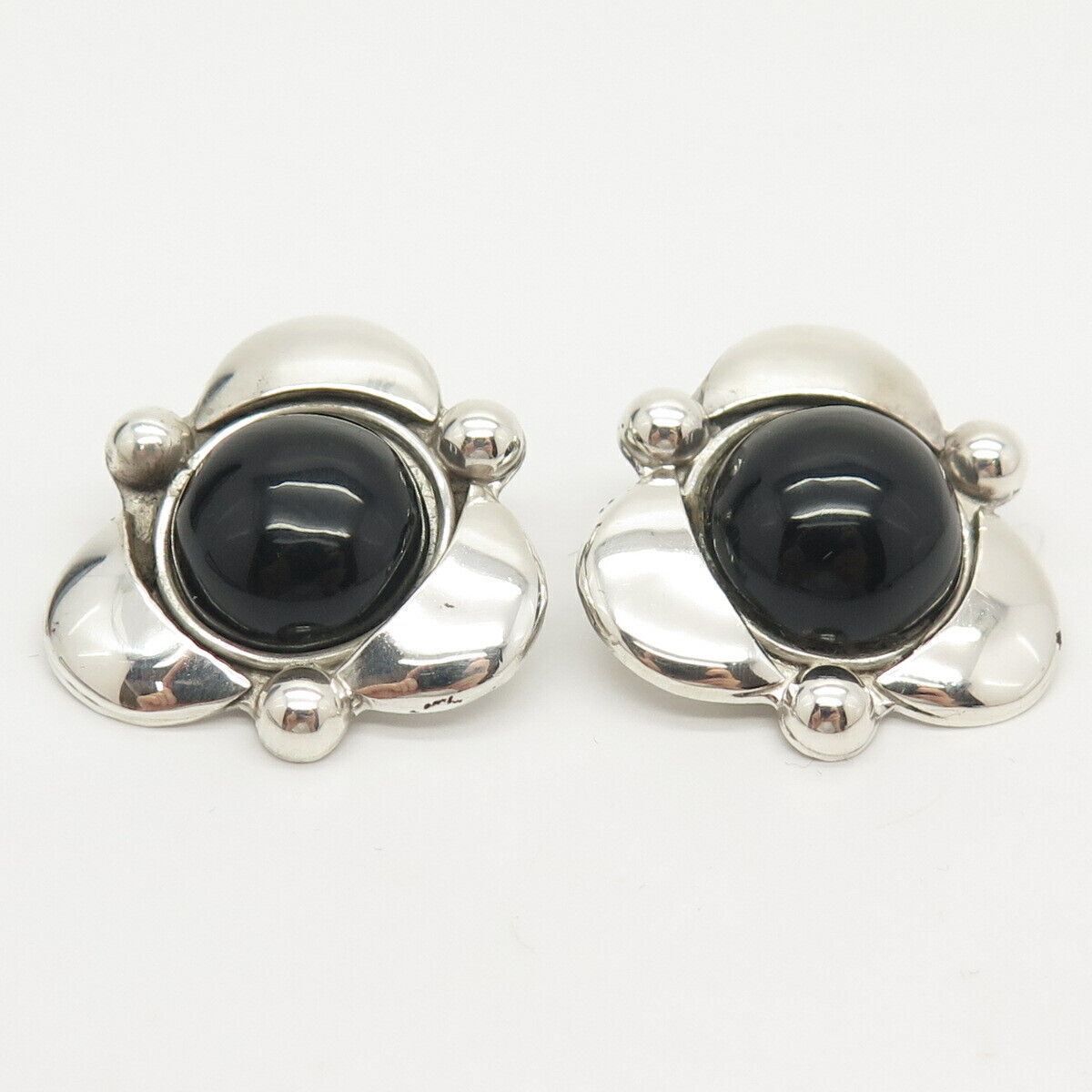 925 Sterling Silver Vintage Mexico Modernist Black Onyx Gem Clip On Earrings