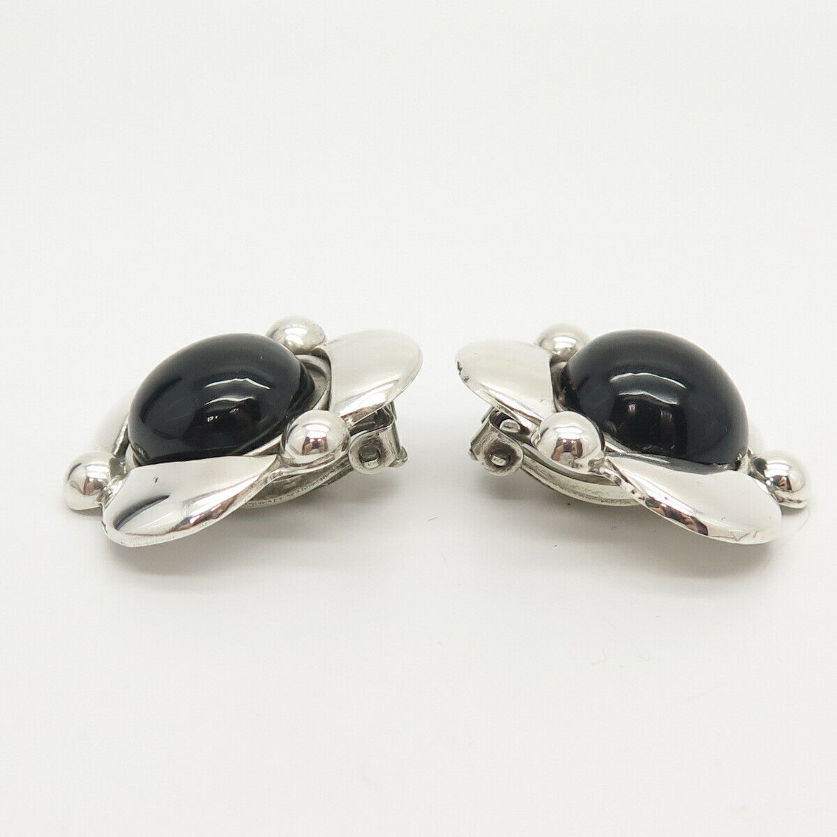 925 Sterling Silver Vintage Mexico Modernist Black Onyx Gem Clip On Earrings