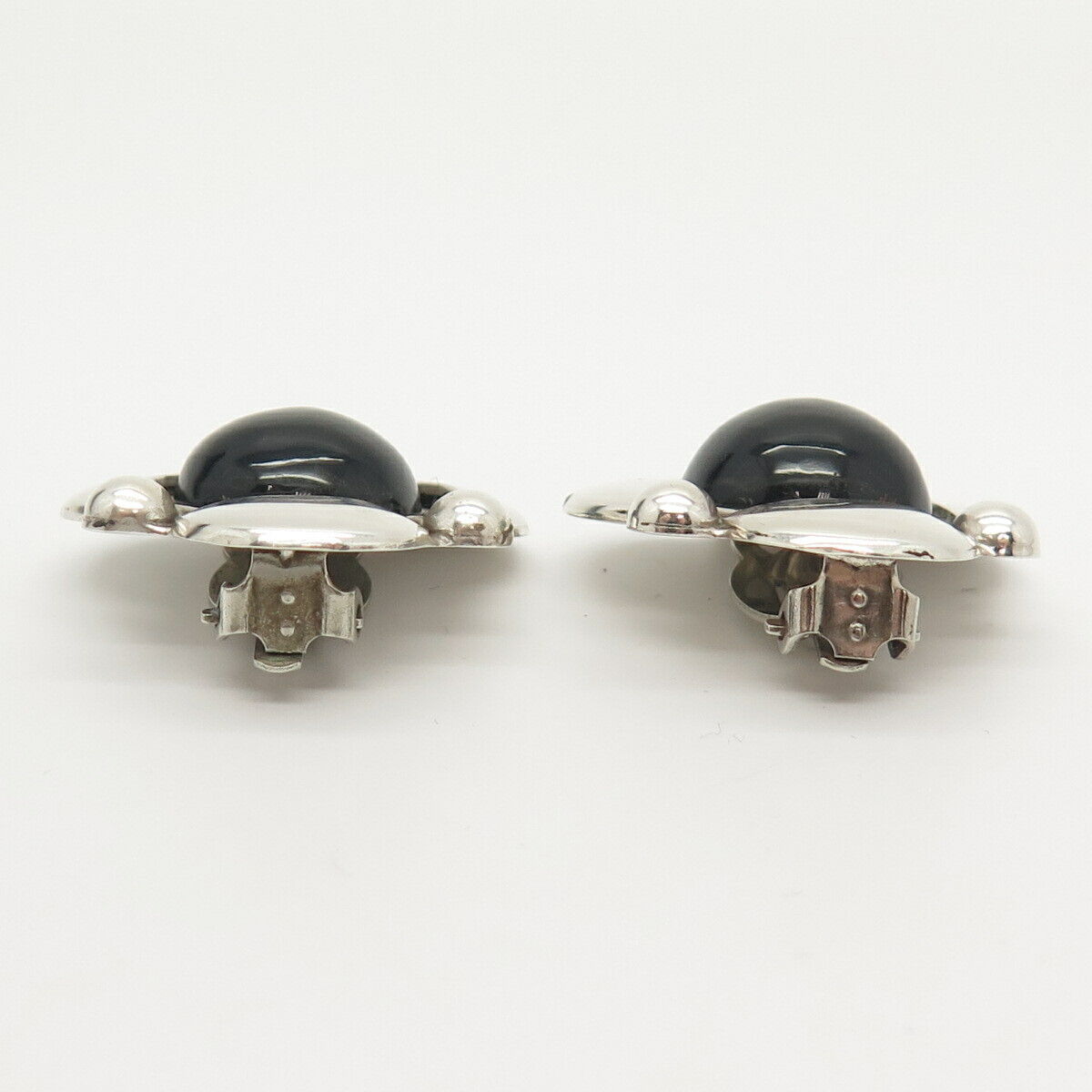 925 Sterling Silver Vintage Mexico Modernist Black Onyx Gem Clip On Earrings