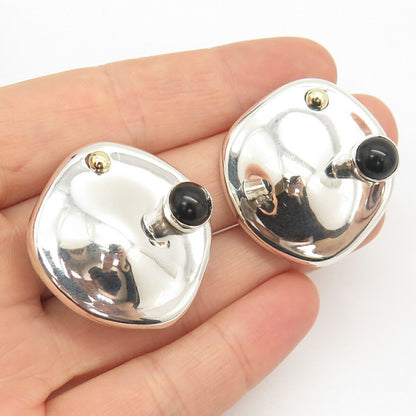 925 Sterling Silver 2-Tone Vintage Mexico Real Black Onyx Gem Clip On Earrings