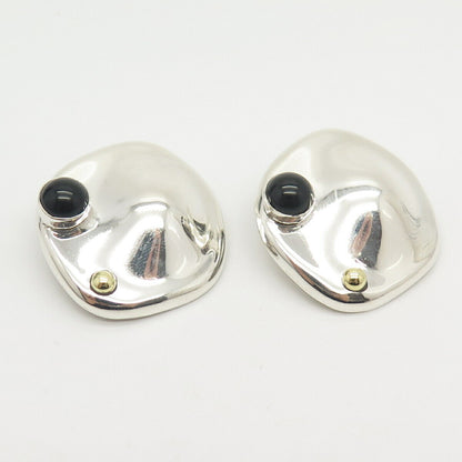 925 Sterling Silver 2-Tone Vintage Mexico Real Black Onyx Gem Clip On Earrings