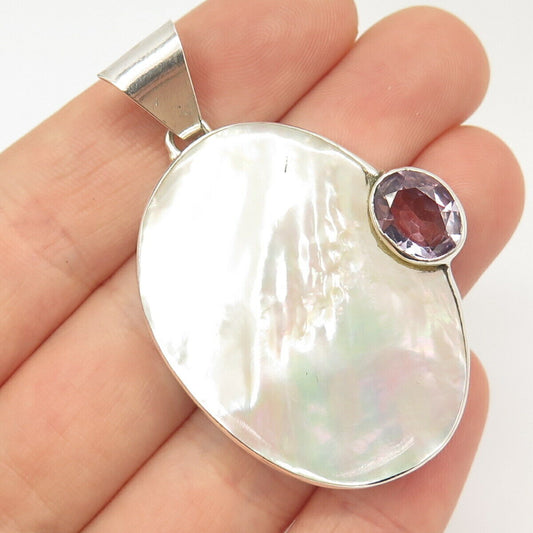 925 Sterling Silver Vintage Real Mother-Of-Pearl & Amethyst Gem Oval Pendant