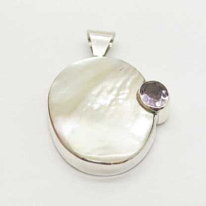 925 Sterling Silver Vintage Real Mother-Of-Pearl & Amethyst Gem Oval Pendant