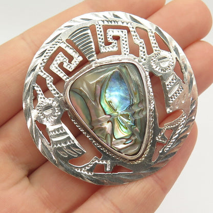 925 Sterling Silver Vintage Mexico Abalone Shell Ornate Pin Brooch / Pendant