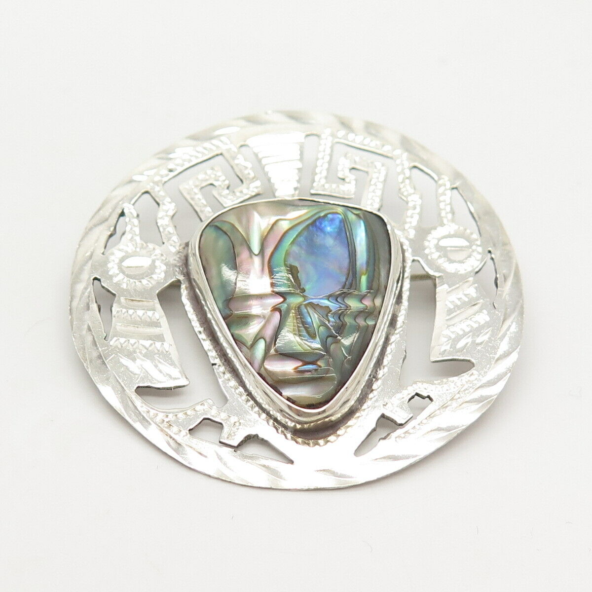 925 Sterling Silver Vintage Mexico Abalone Shell Ornate Pin Brooch / Pendant