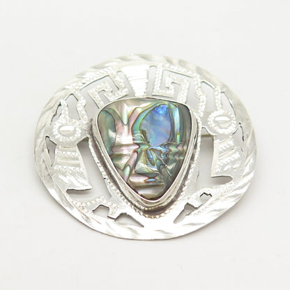 925 Sterling Silver Vintage Mexico Abalone Shell Ornate Pin Brooch / Pendant