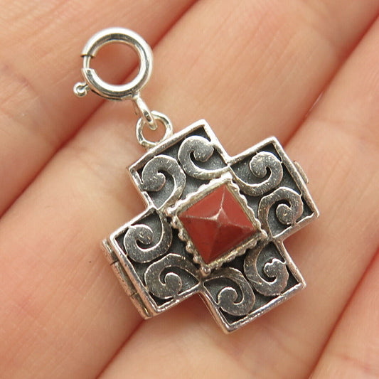 925 Sterling Silver Vintage Real Jasper Gem Swirl Cross Locket Pendant