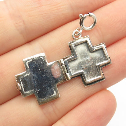 925 Sterling Silver Vintage Real Jasper Gem Swirl Cross Locket Pendant