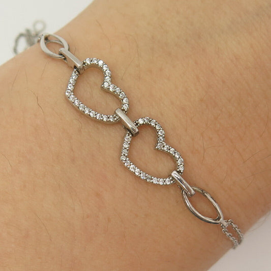 925 Sterling Silver C Z Couple of Heart Link Bracelet 7 1/4"