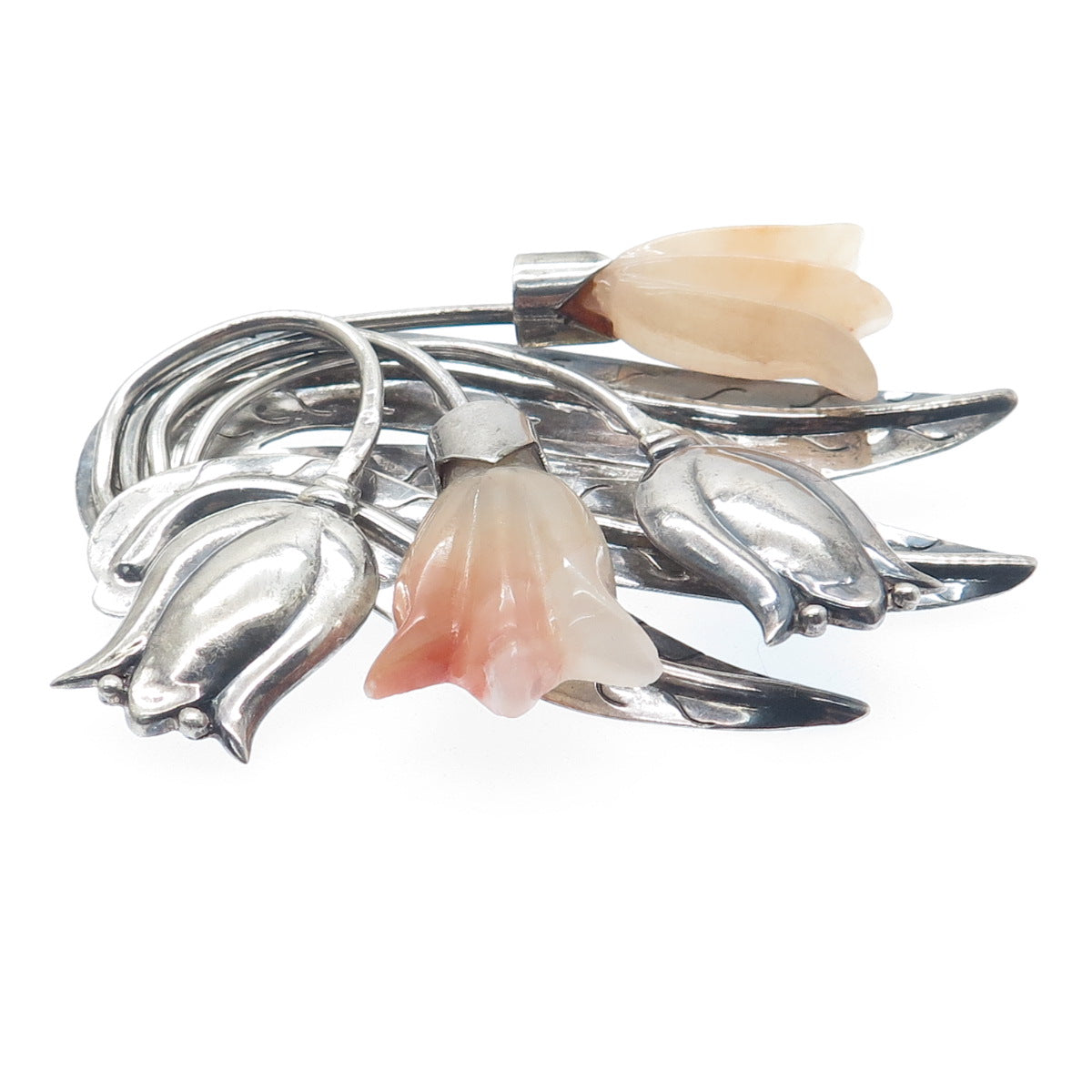 925 Sterling Silver Vintage Mexico Real Carved Agate Tulip Oxidized Pin Brooch