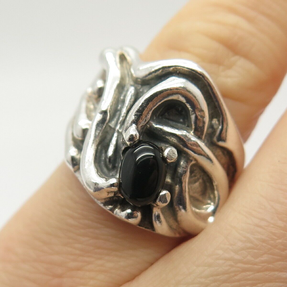 925 Sterling Silver Vintage Real Black Onyx Gem Modernist Ring Size 6