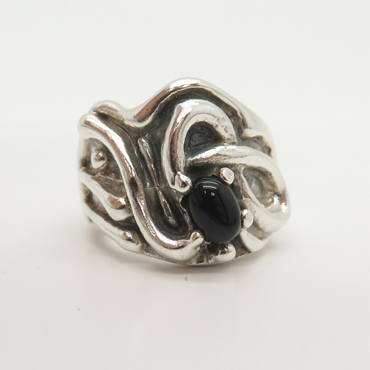 925 Sterling Silver Vintage Real Black Onyx Gem Modernist Ring Size 6