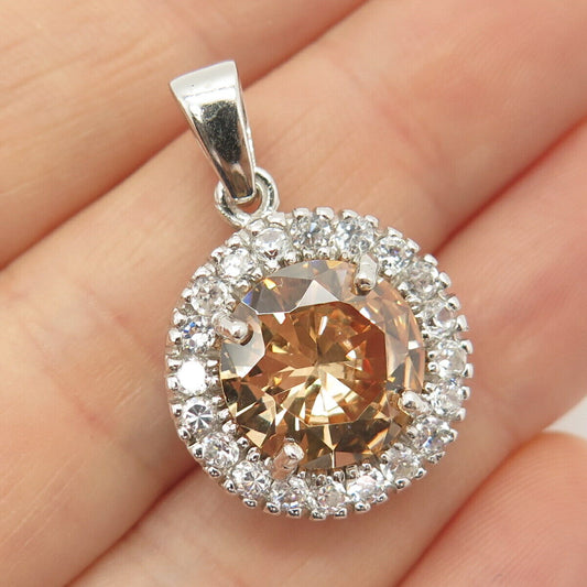 925 Sterling Silver White & Champagne-Tone C Z Round Pendant