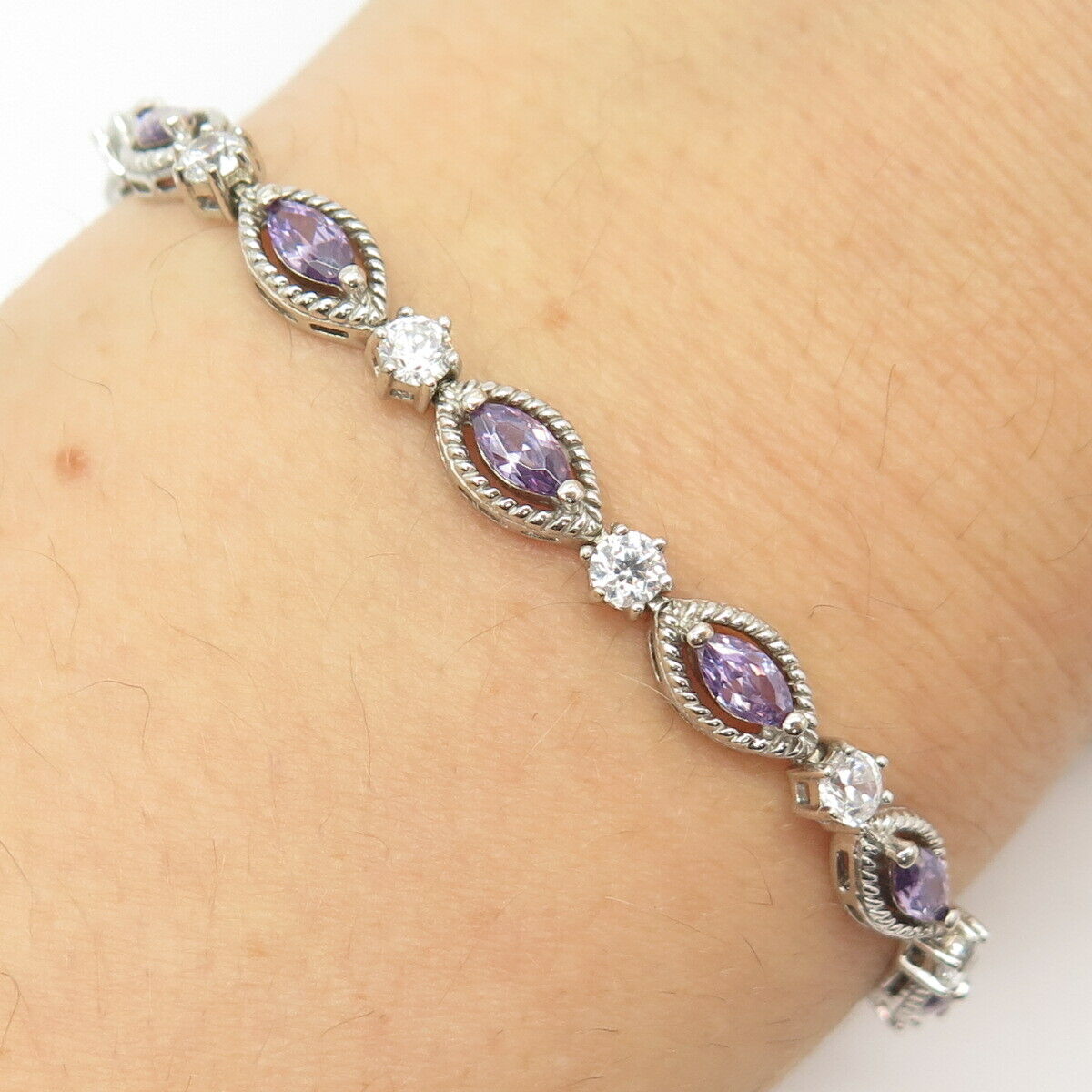 925 Sterling Silver White & Amethyst-Tone C Z Oval Link Bracelet 7"