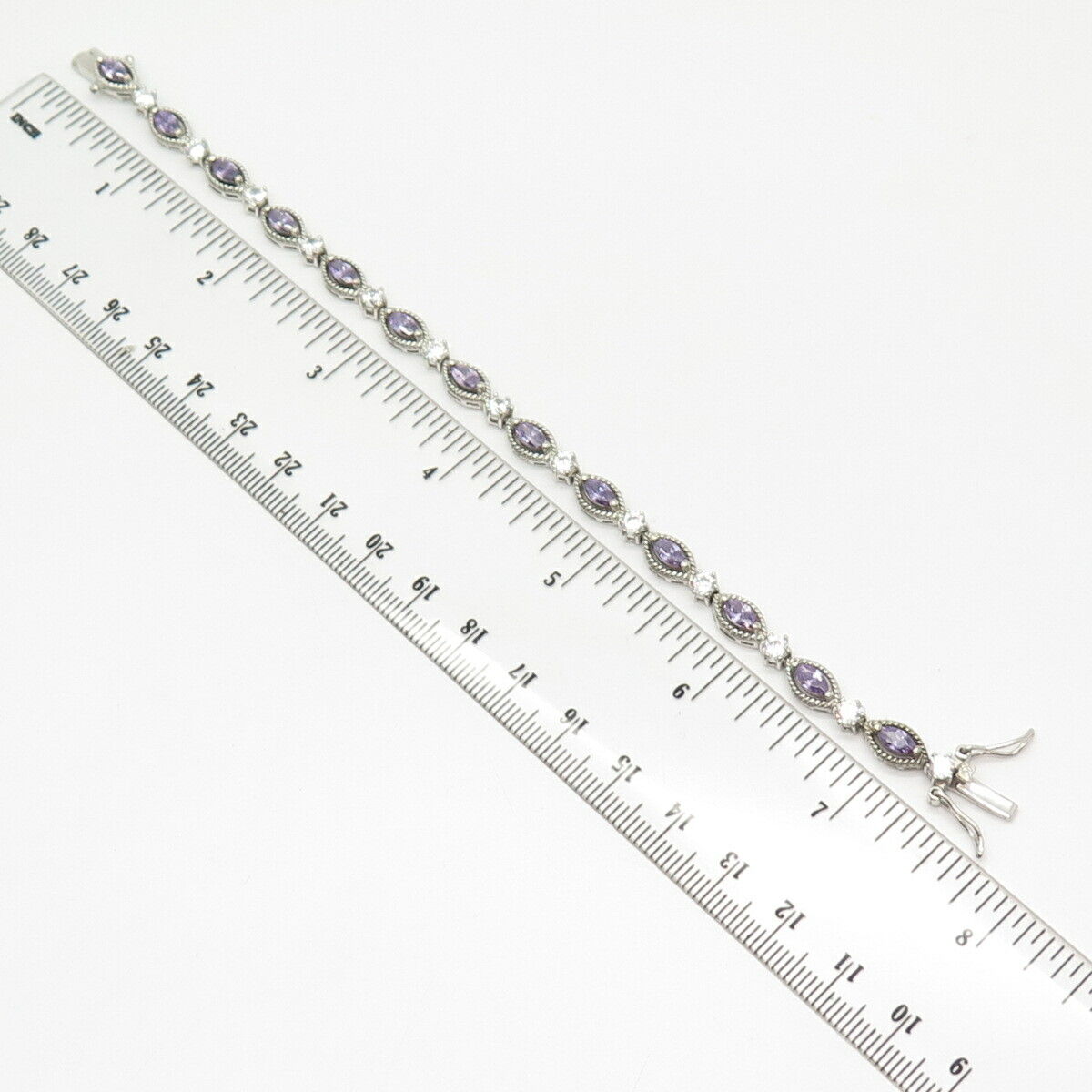 925 Sterling Silver White & Amethyst-Tone C Z Oval Link Bracelet 7"