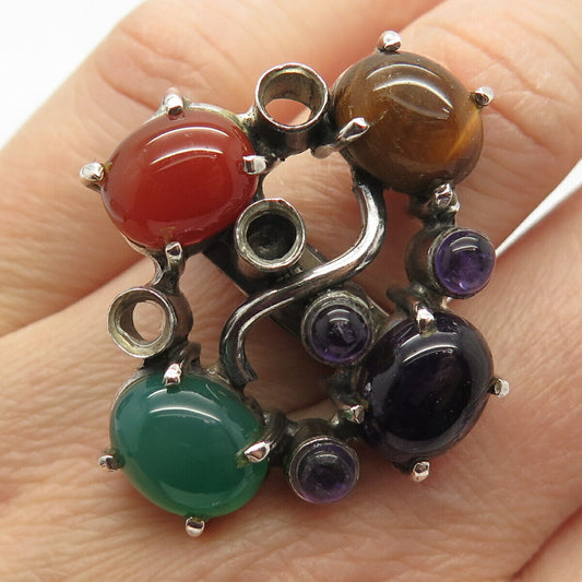 925 Sterling Silver Vintage Real Multi-Color Gem Modernist Ring Size 6.5