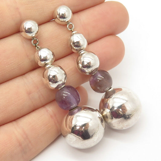 925 Sterling Vintage Mexico Amethyst Gem Graduated Ball Long Dangling Earrings