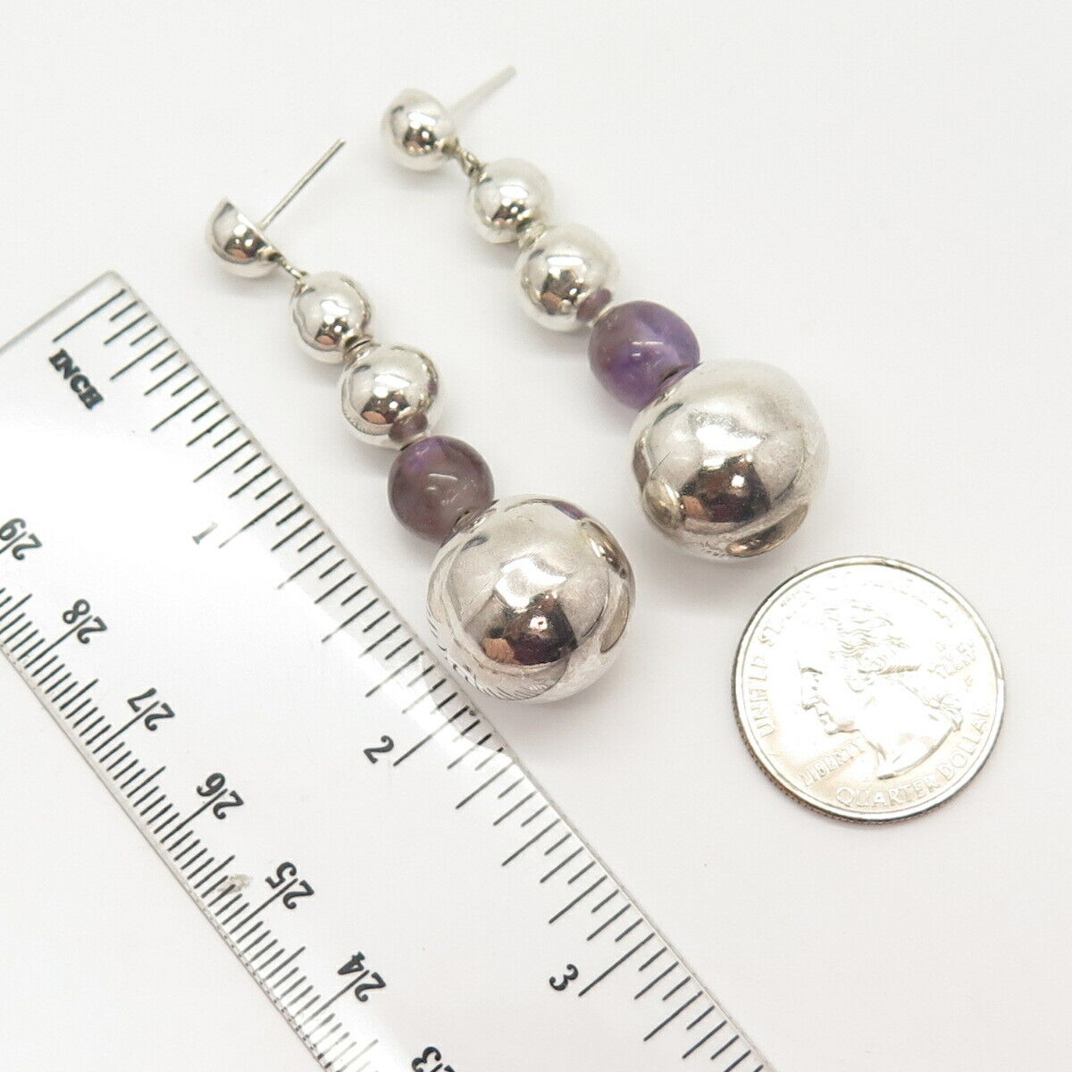 925 Sterling Vintage Mexico Amethyst Gem Graduated Ball Long Dangling Earrings