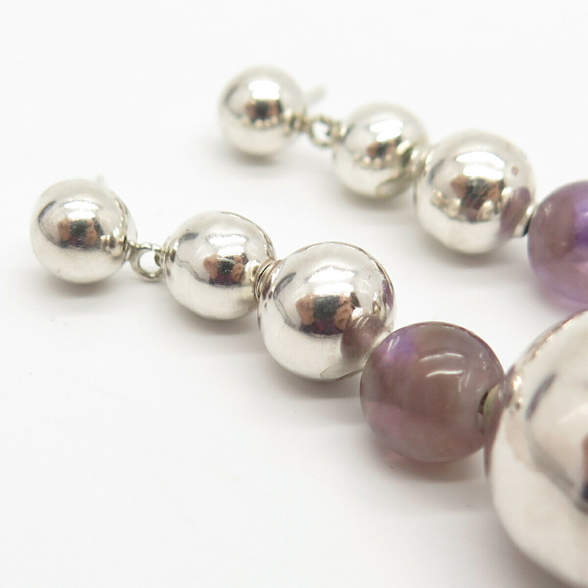 925 Sterling Vintage Mexico Amethyst Gem Graduated Ball Long Dangling Earrings