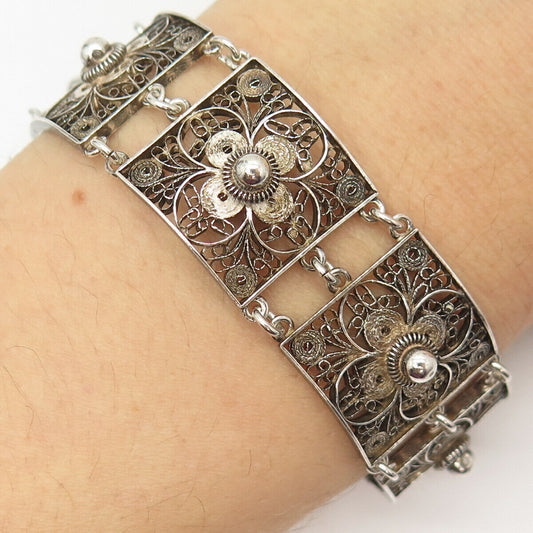 835 Silver Vintage Cannetille & Filigree Floral Panel Link Bracelet 6 3/4"