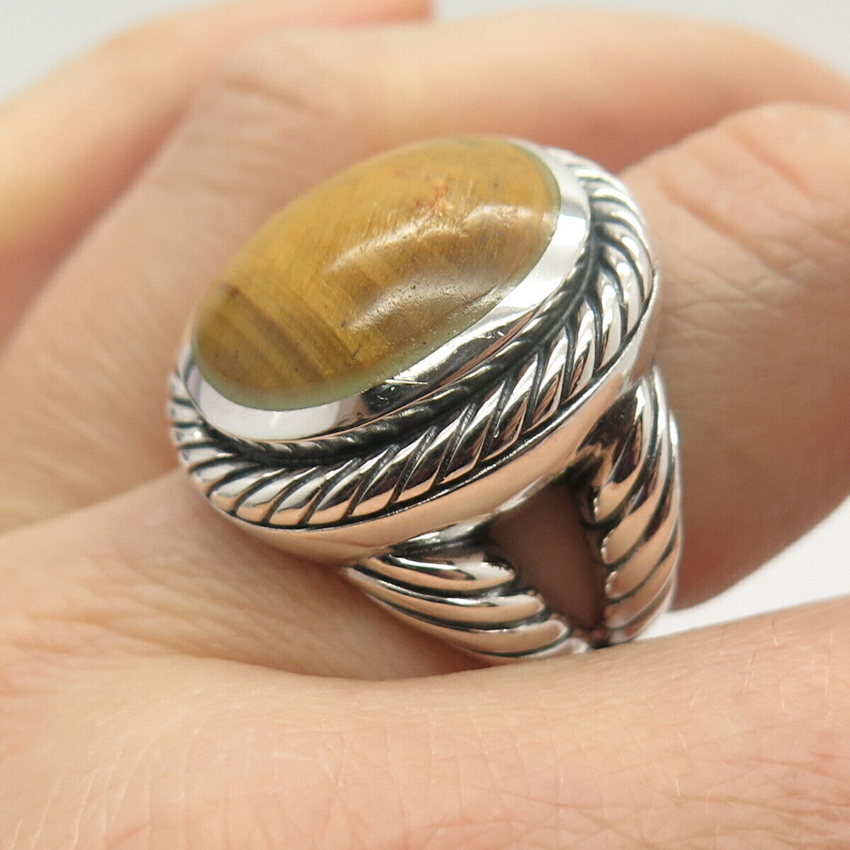 925 Sterling Silver Vintage Real Tiger Eye Gem Ring Size 7 3/4