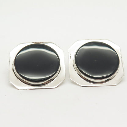 925 Sterling Silver Vintage Real Black Onyx Gem Square Earrings