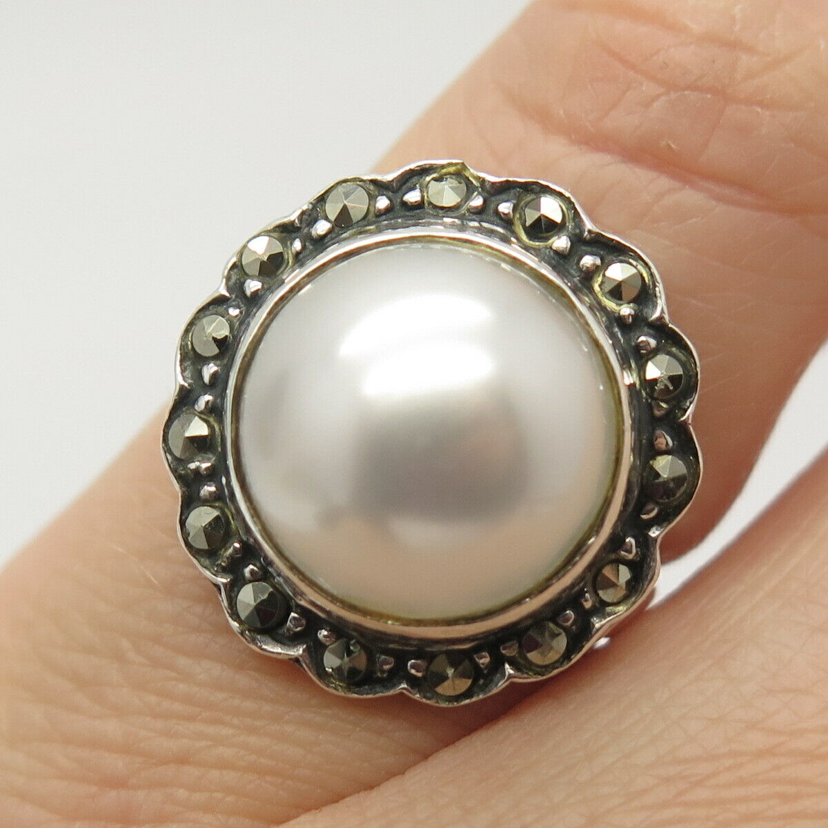 925 Sterling Silver Real Marcasite Gem & Faux Pearl Ring Size 4 3/4