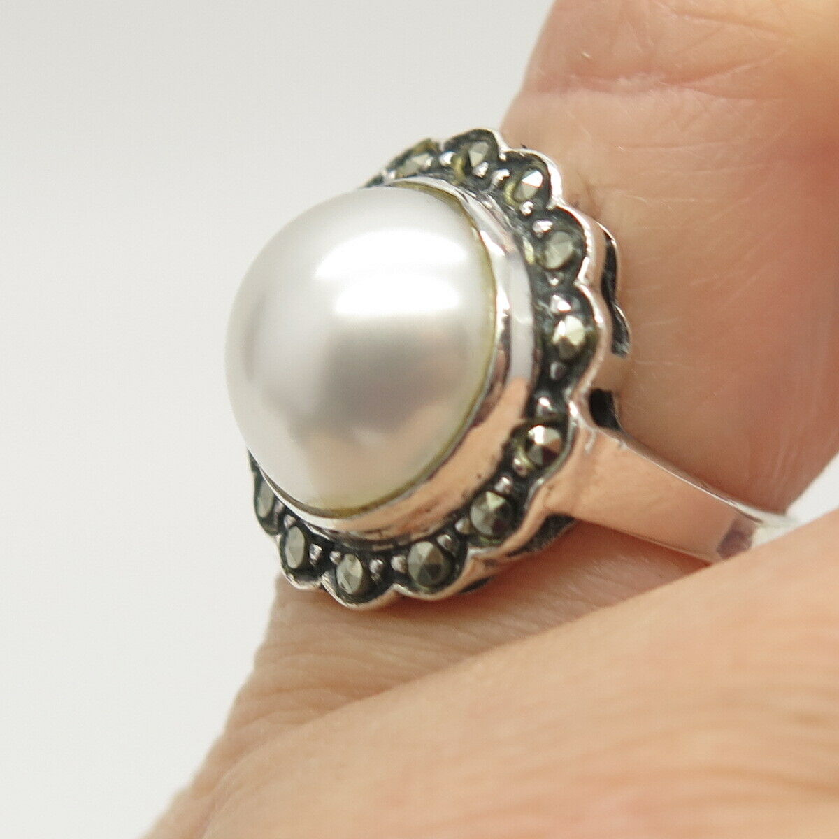 925 Sterling Silver Real Marcasite Gem & Faux Pearl Ring Size 4 3/4