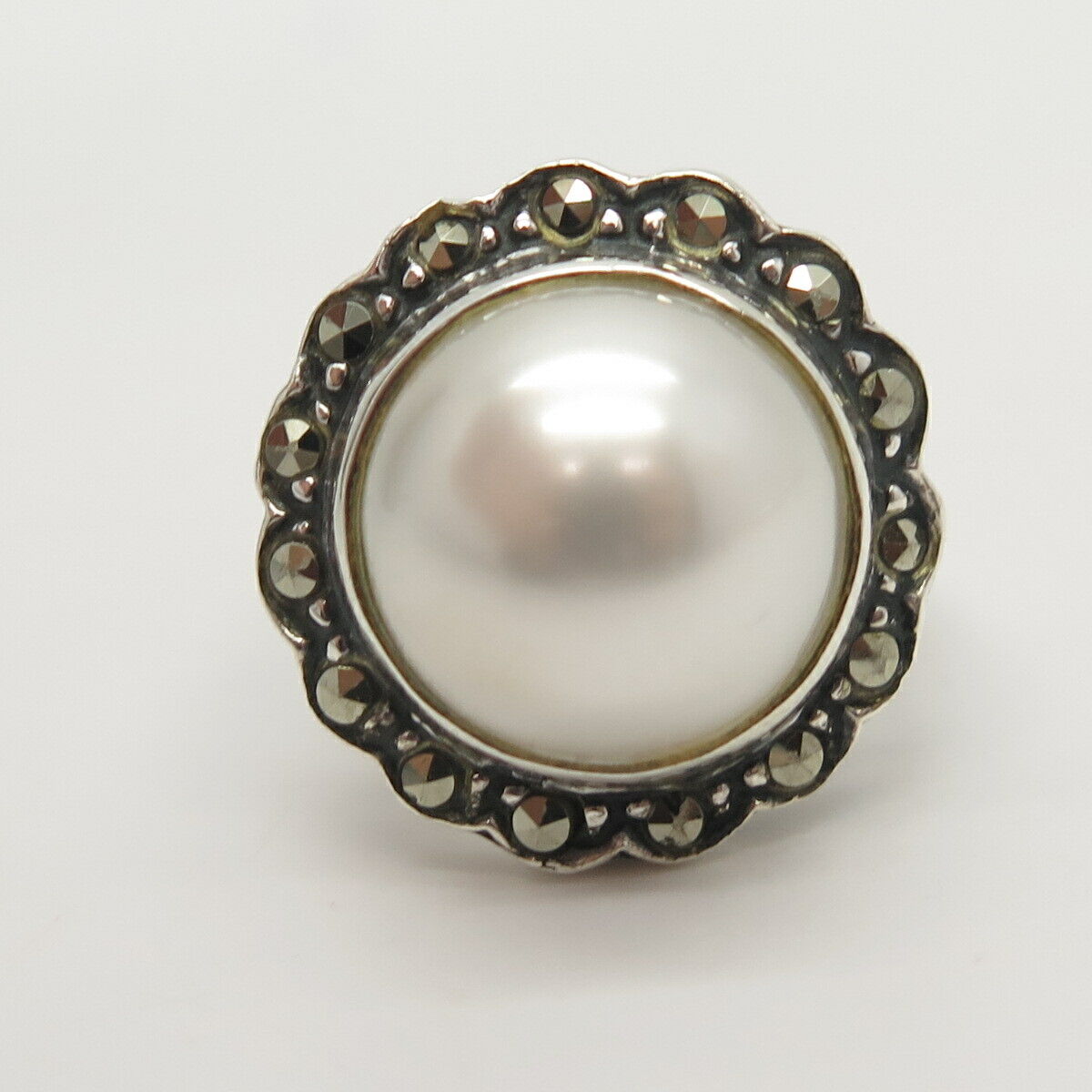 925 Sterling Silver Real Marcasite Gem & Faux Pearl Ring Size 4 3/4