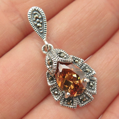 925 Sterling Silver Real Marcasite Gemstone & Citrine-Tone C Z Pendant