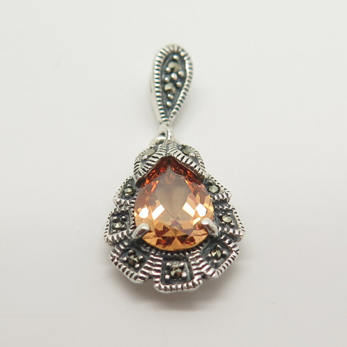 925 Sterling Silver Real Marcasite Gemstone & Citrine-Tone C Z Pendant