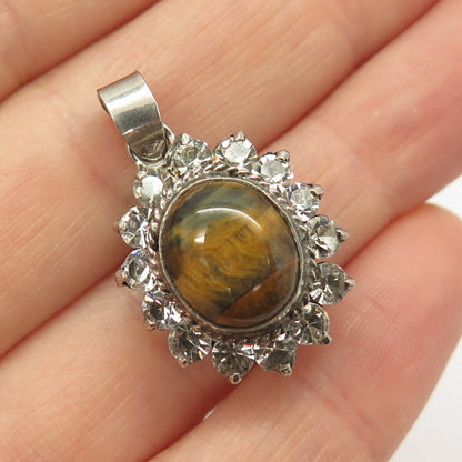 925 Sterling Silver Vintage Real Tiger Eye Gemstone & Rhinestone Pendant