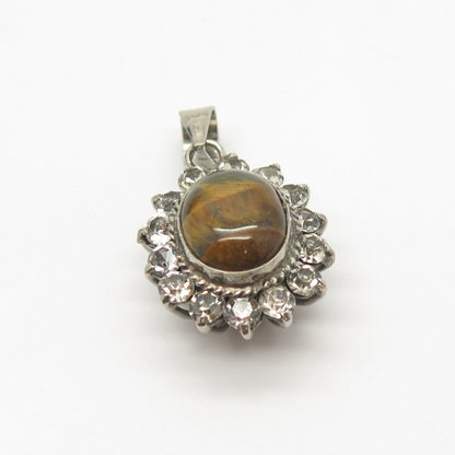 925 Sterling Silver Vintage Real Tiger Eye Gemstone & Rhinestone Pendant