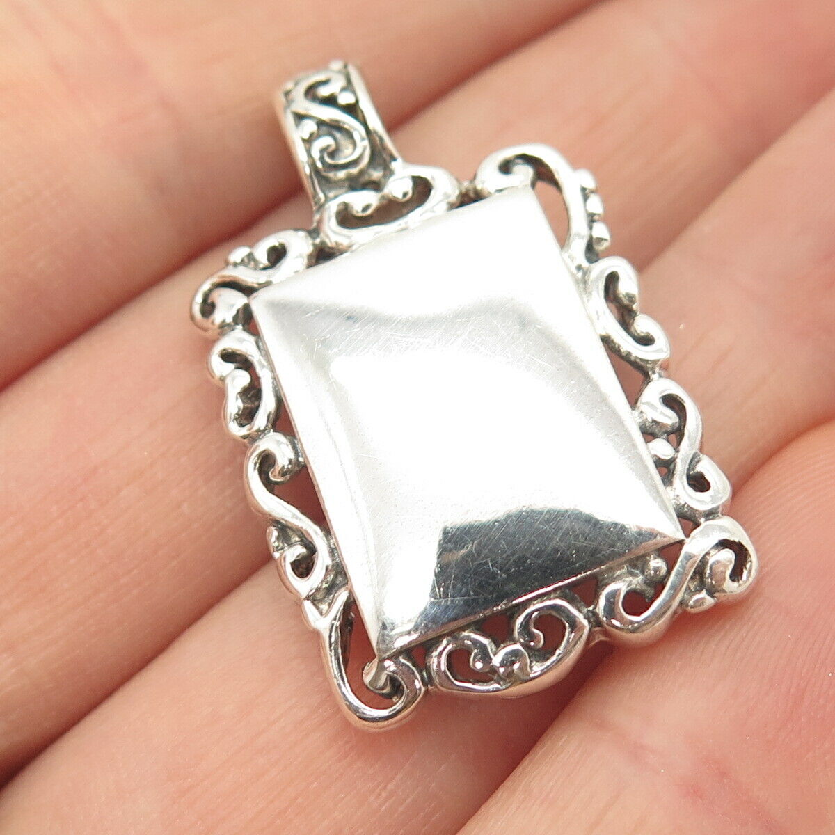 925 Sterling Silver Vintage Tag Swirl Square Slide Pendant