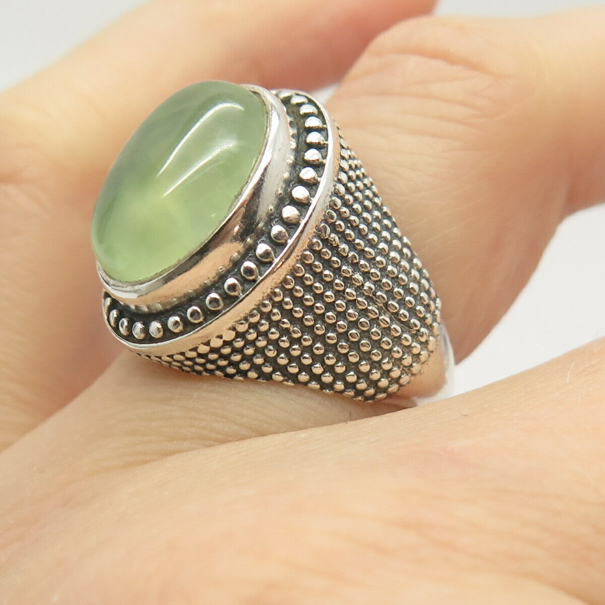 925 Sterling Silver Real Prehnite Gemstone Dots Design Ring Size 7