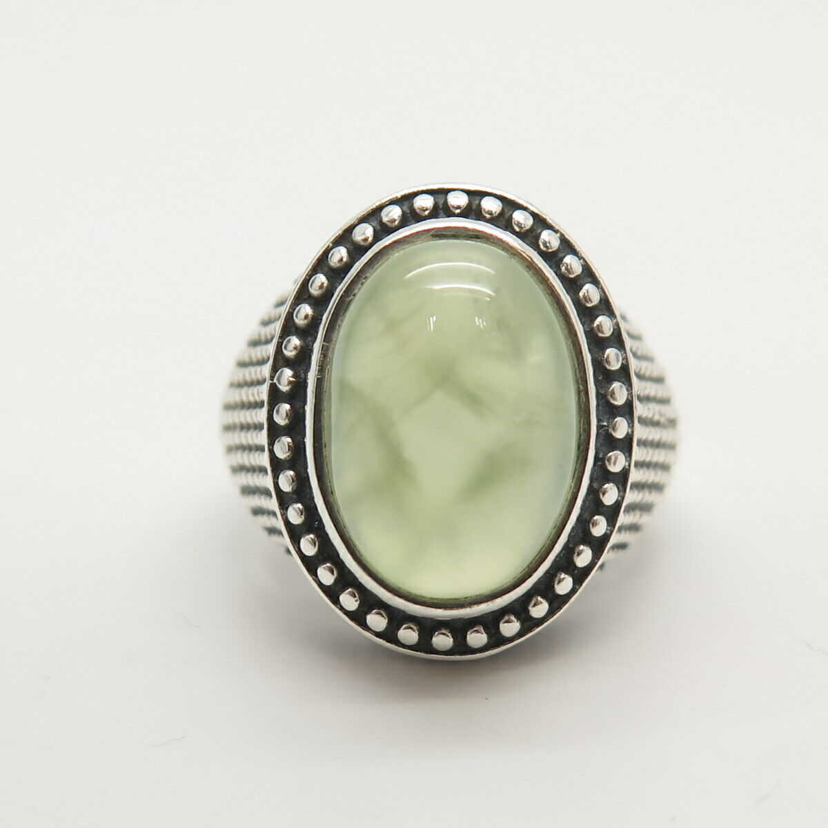 925 Sterling Silver Real Prehnite Gemstone Dots Design Ring Size 7