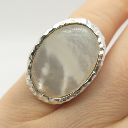 925 Sterling Silver Real Mother-of-Pearl Hammered Finish Oval Ring Size 4 3/4