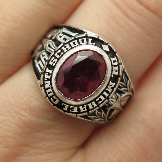 925 Sterling Vintage 1994 Lab-Created Ruby Gem "Conti School" Ring Size 9 1/4