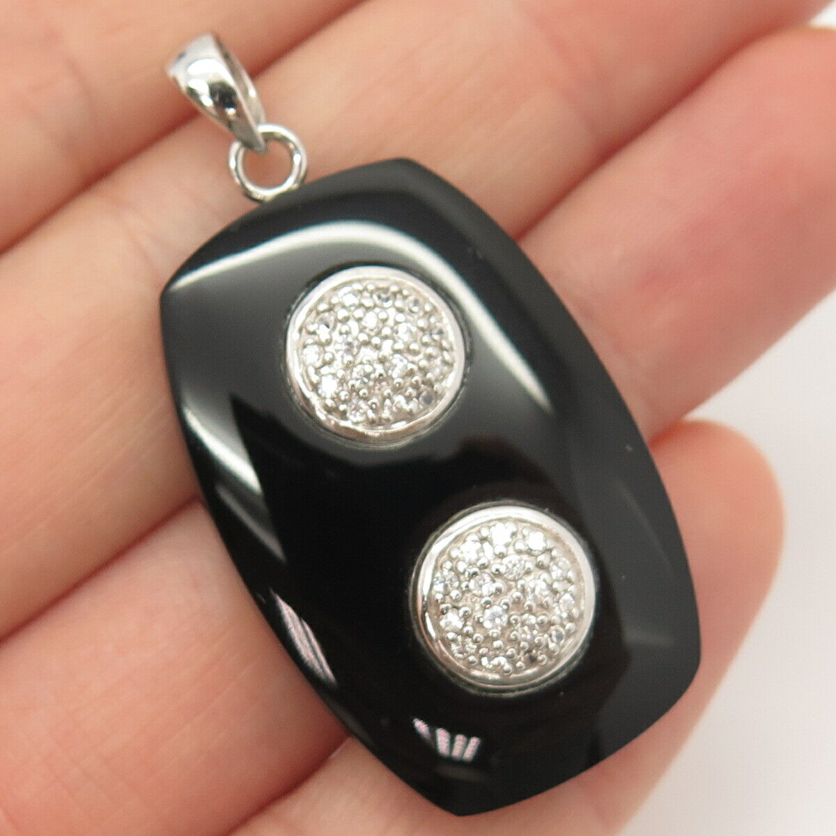 925 Sterling Silver Pave C Z & Black Enamel Pendant