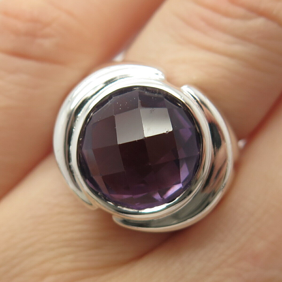 925 Sterling Silver Real Amethyst Gemstone Domed Ring Size 6 3/4