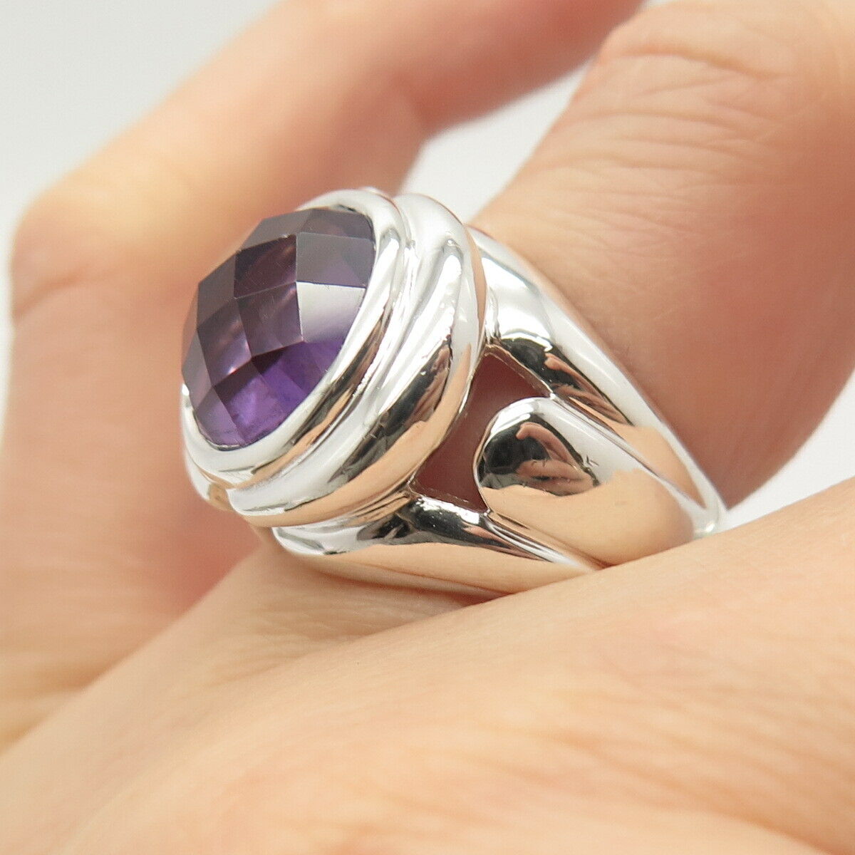 925 Sterling Silver Real Amethyst Gemstone Domed Ring Size 6 3/4