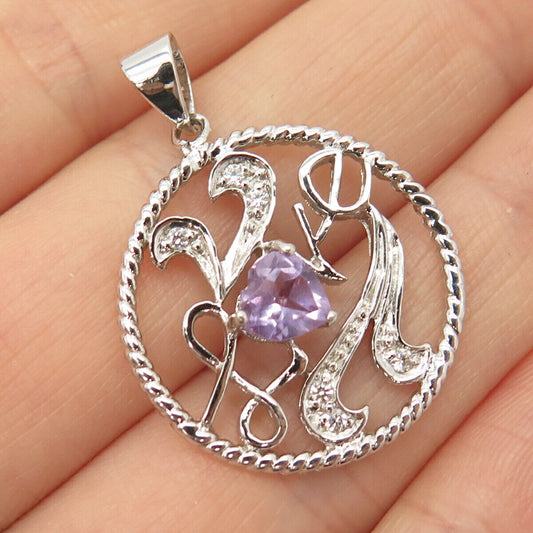 925 Sterling Silver Real Amethyst Gem & C Z "Love" Heart Round Pendant