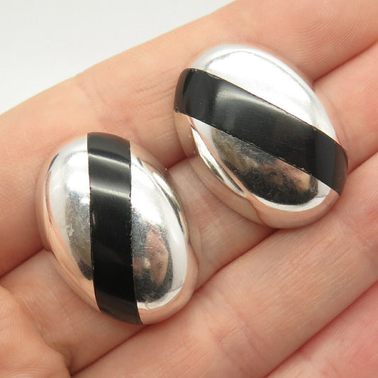 925 Sterling Silver Vintage Mexico Real Black Onyx Gemstone Oval Earrings