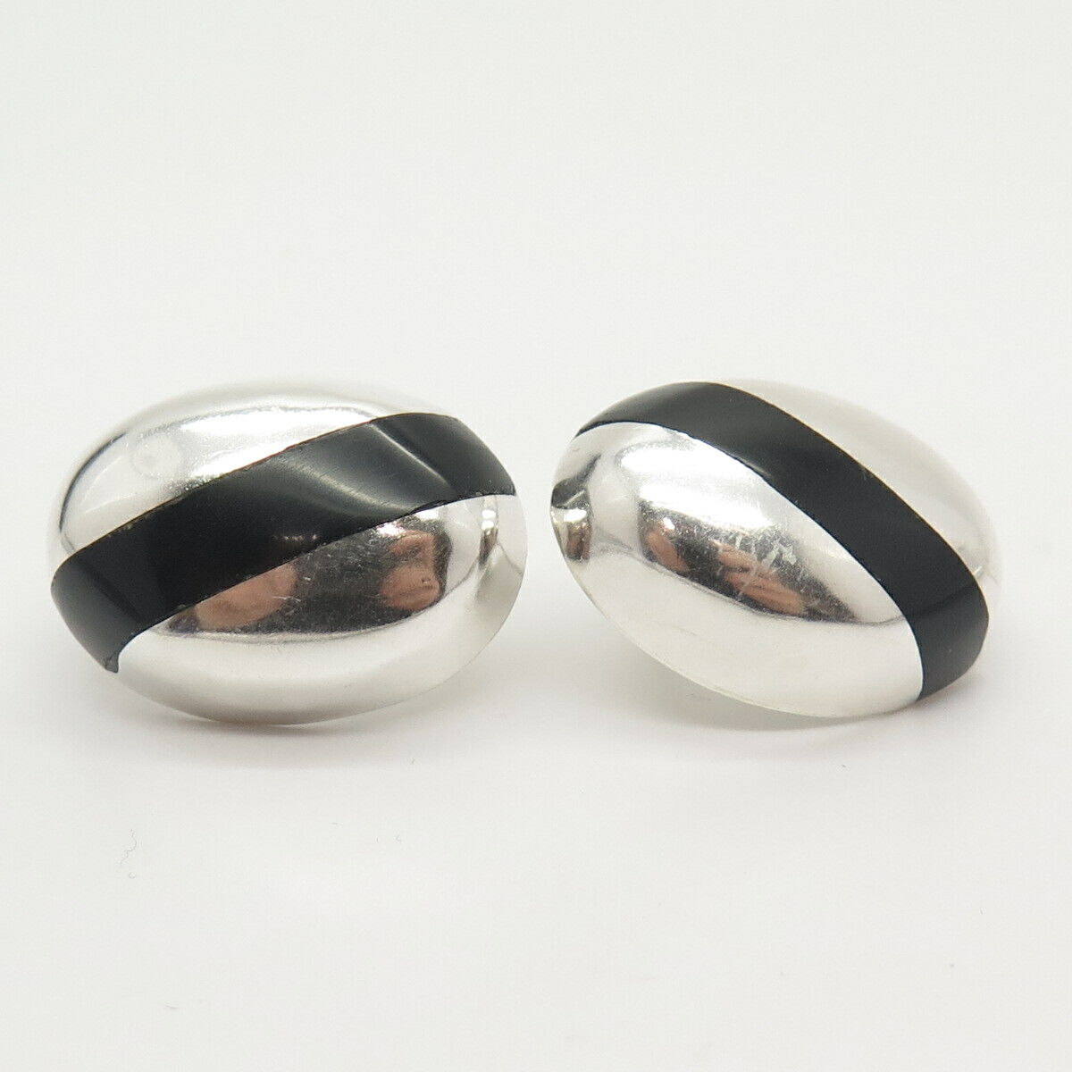 925 Sterling Silver Vintage Mexico Real Black Onyx Gemstone Oval Earrings