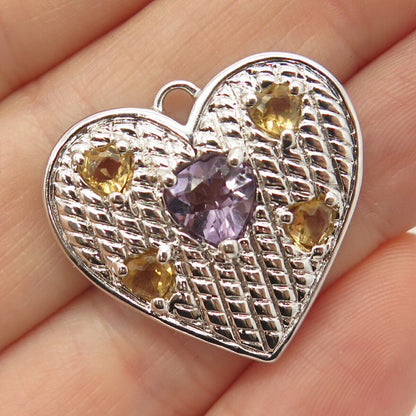 925 Sterling Silver Real Amethyst & Citrine Gemstone Heart Pendant